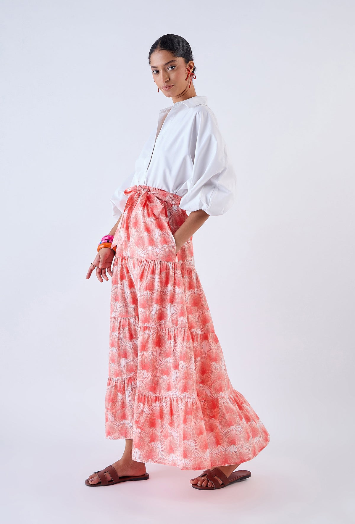 Tiered A-line midi skirt in Serenity print by Beyond by Vera, three-quarter view