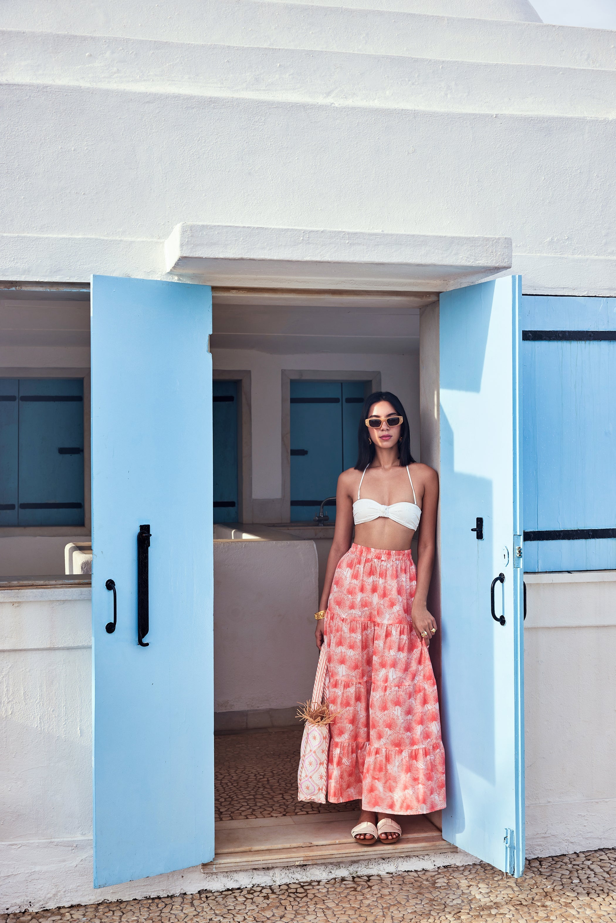 Beyond by Vera Gia midi skirt in monochrome palm print, side angle view