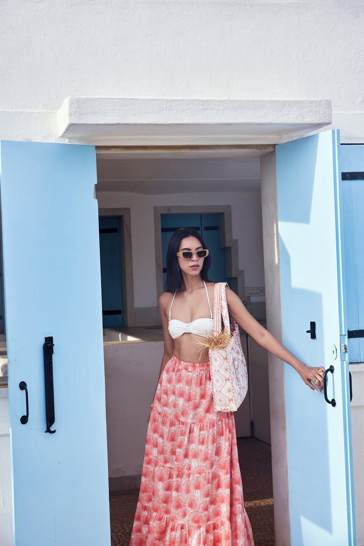 Beyond by Vera tiered midi skirt showing elastic waistband detail, close-up