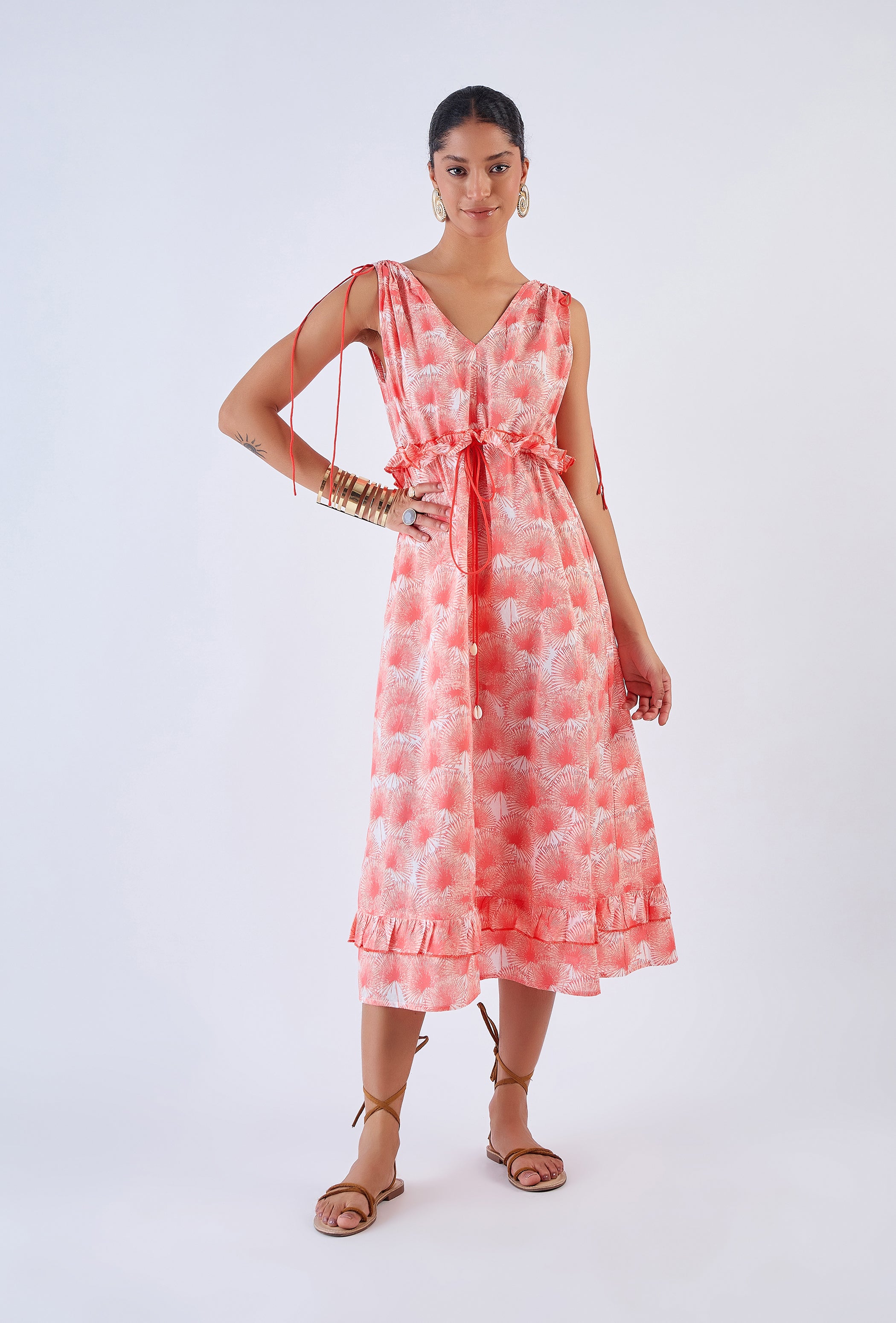 White palm print midi dress with V-neckline by Beyond by Vera, front view
