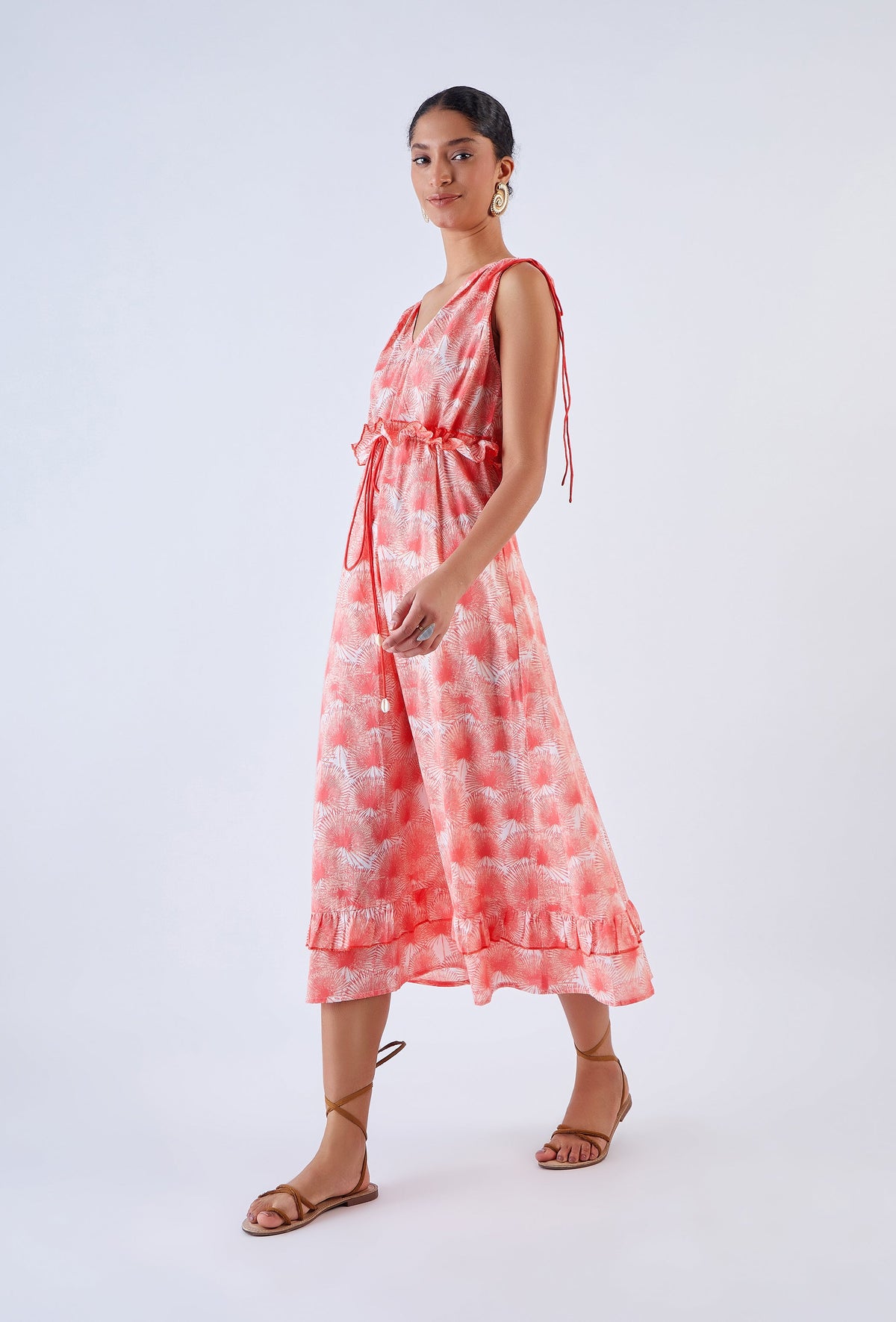 Drew dress with ruffle details and waist drawstring, three-quarter view