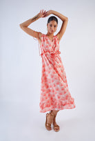 White palm print dress by Beyond by Vera, close-up of shoulder tie detail