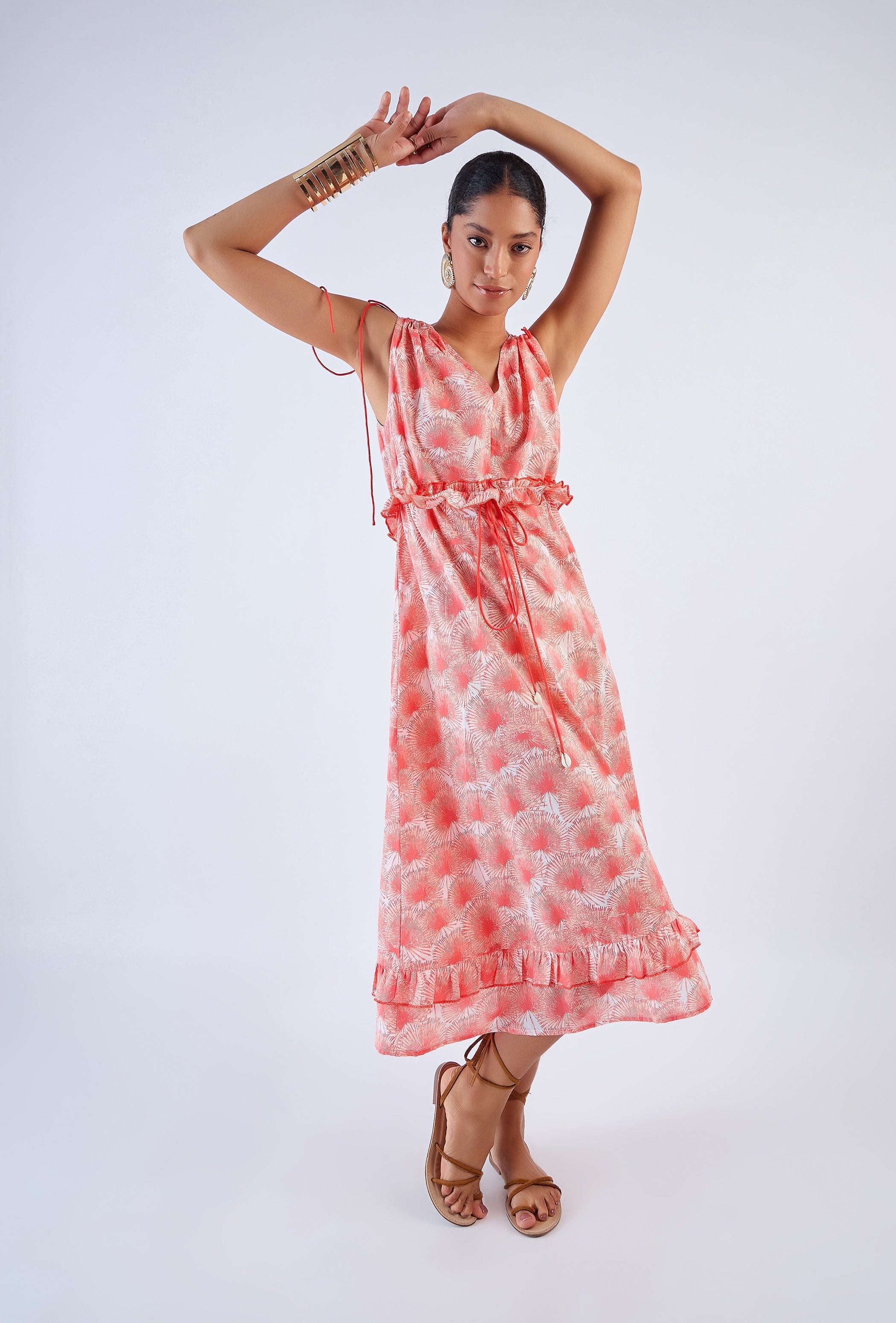 White palm print dress by Beyond by Vera, close-up of shoulder tie detail