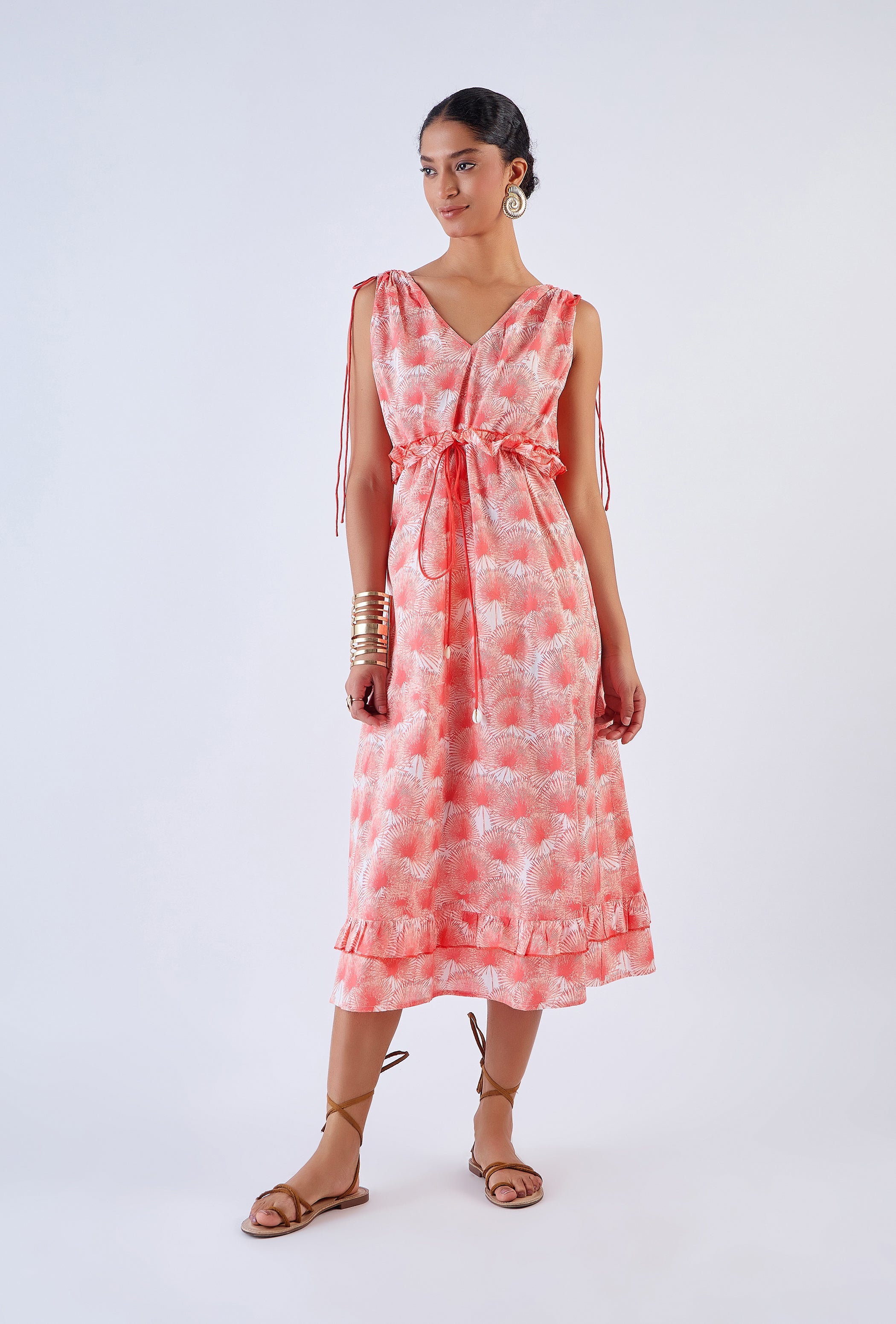 Cotton cambric midi dress with Serenity print, close-up of fabric texture