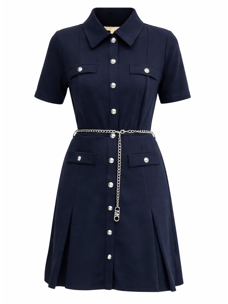 Navy scuba mini dress with chain belt by Michael Kors, styled view