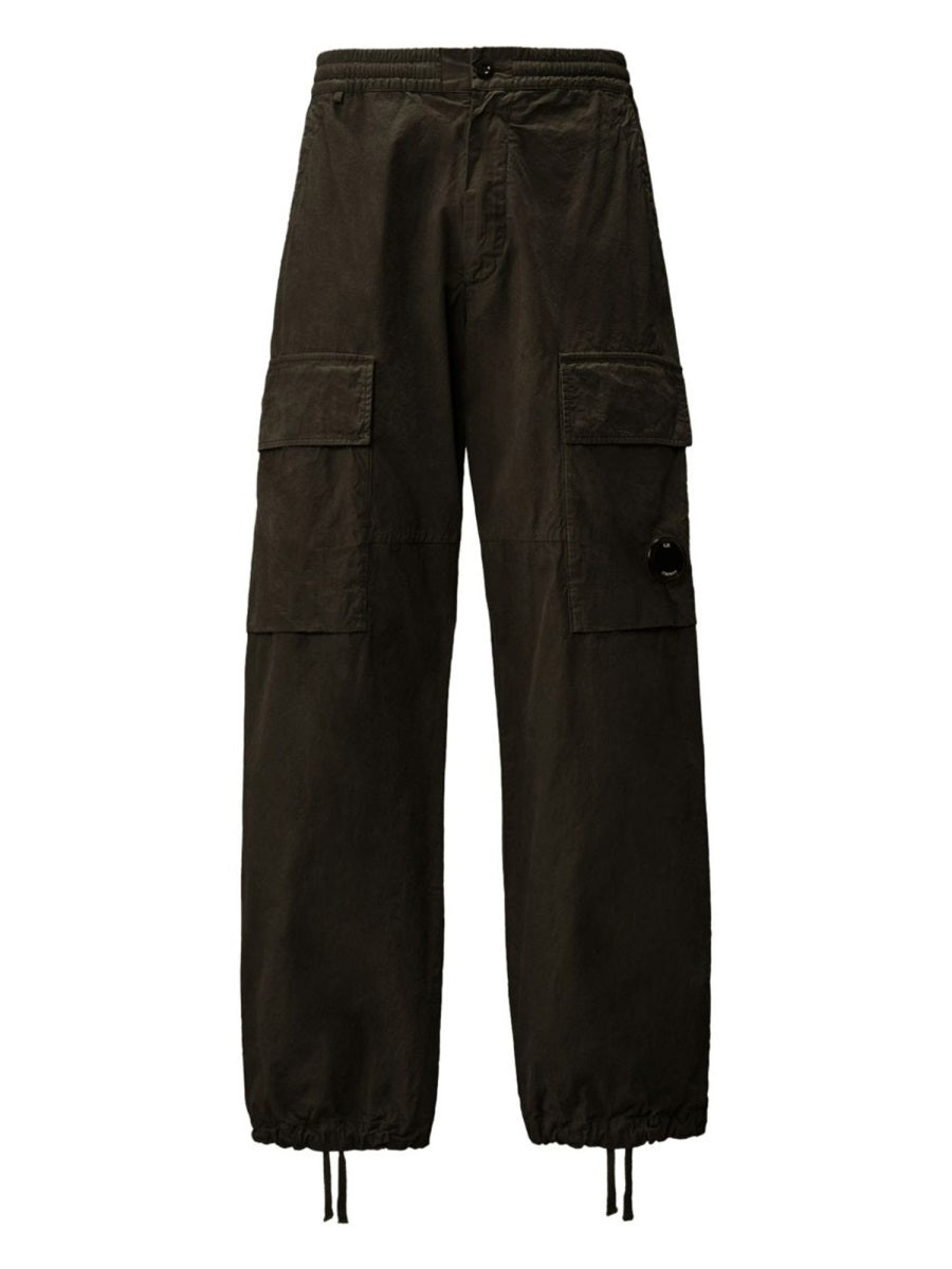 Green cotton cargo trousers with utility pockets by C.P. Company, front view