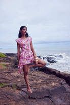 Multicolor Kylie shorts by Beyond by Vera, full length view on model