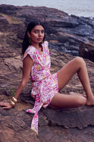Beyond by Vera Piper top in Coral Garden print, full length view