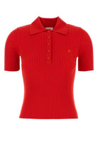 Red Courrèges ribbed collared shirt with short sleeves, front view