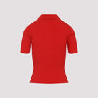 Red Courrèges ribbed collared shirt, side view showing ribbed texture