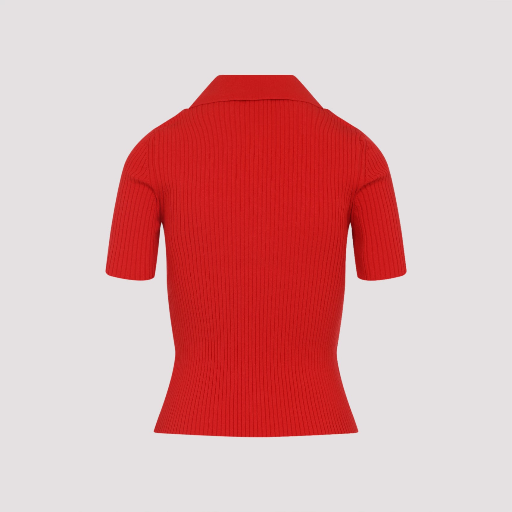 Red Courrèges ribbed collared shirt, side view showing ribbed texture
