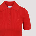 Red Courrèges ribbed collared shirt, detail view of collar and ribbing