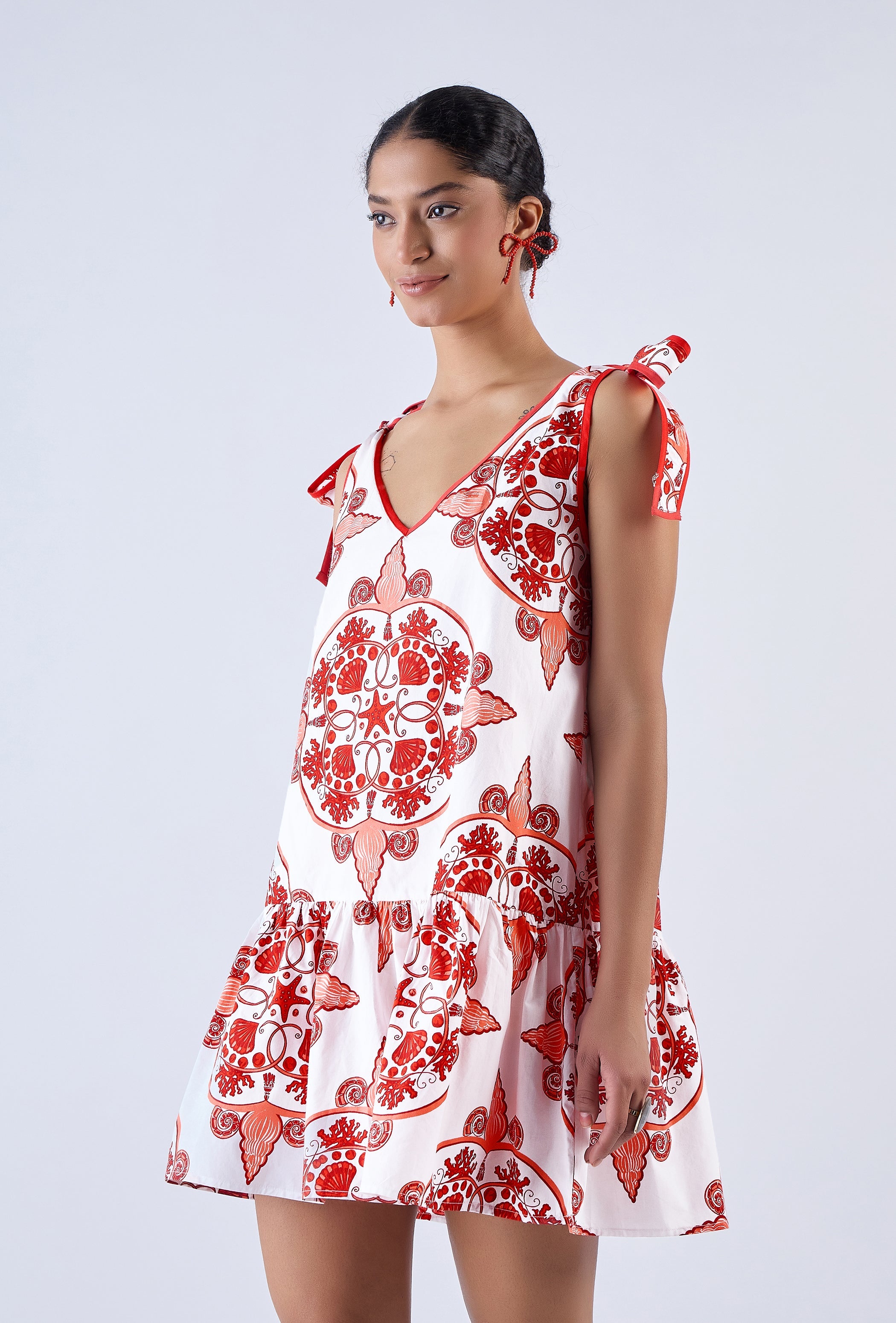 Multicolor Nautilus print mini dress by Beyond by Vera, adjustable straps detail