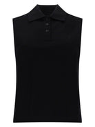 Black sleeveless polo top with collar by Saint Laurent, front view