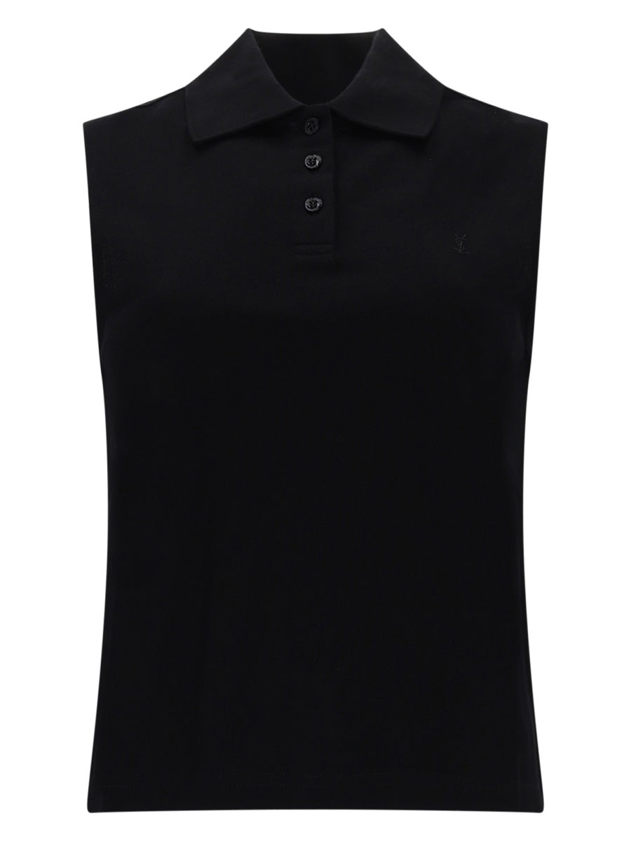 Black sleeveless polo top with collar by Saint Laurent, front view