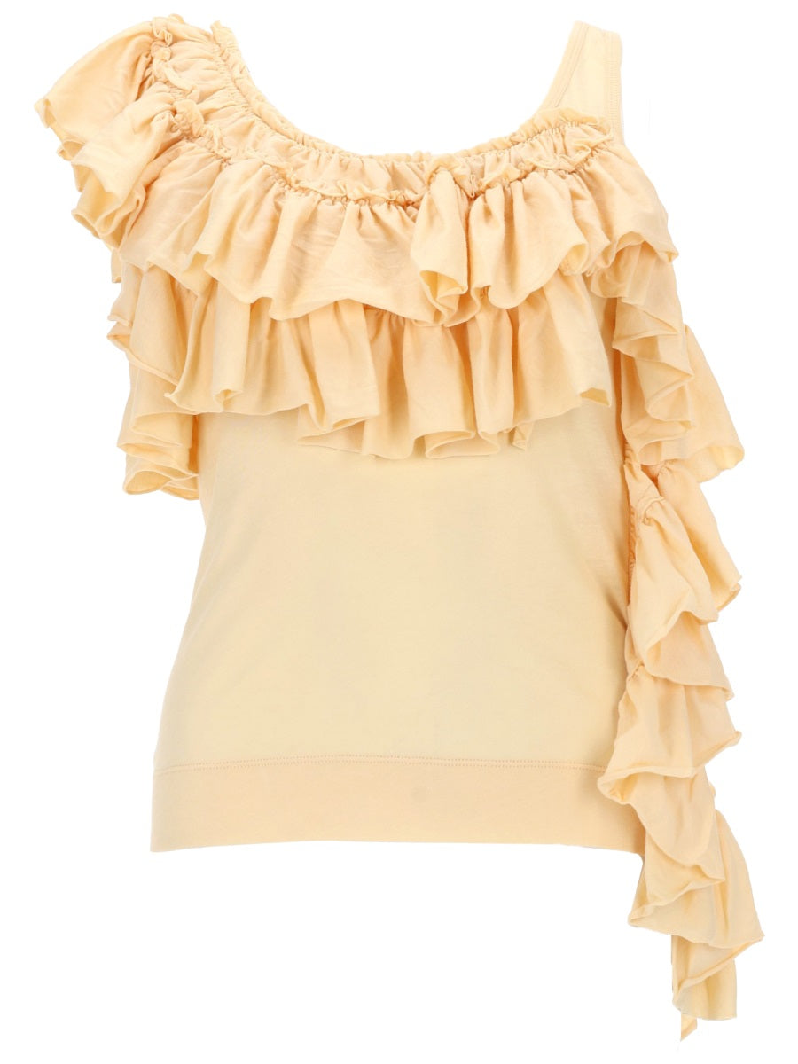 Yellow Dries Van Noten cotton top with off-shoulder neckline and ruffles, front view
