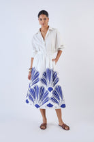 Navy printed A-line midi skirt by Beyond by Vera, front view