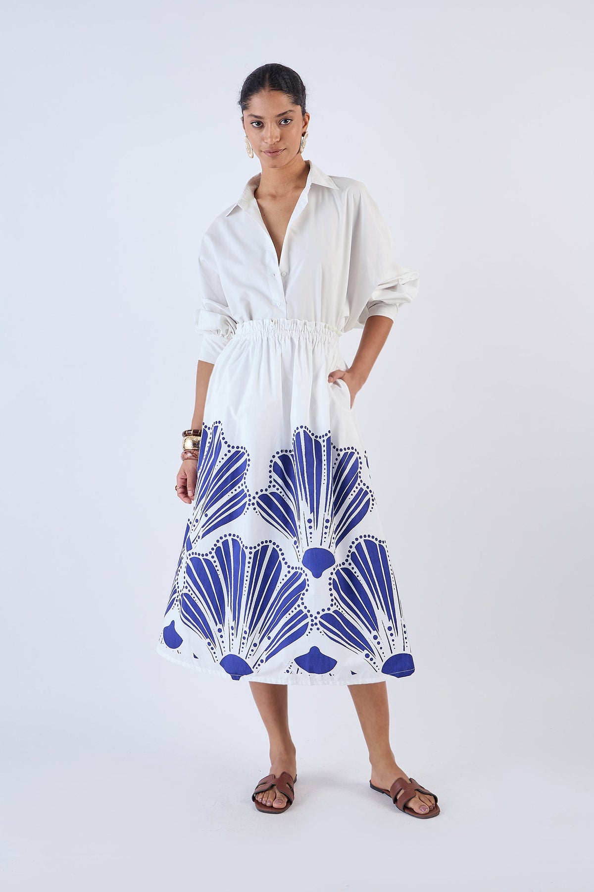Navy printed A-line midi skirt by Beyond by Vera, front view