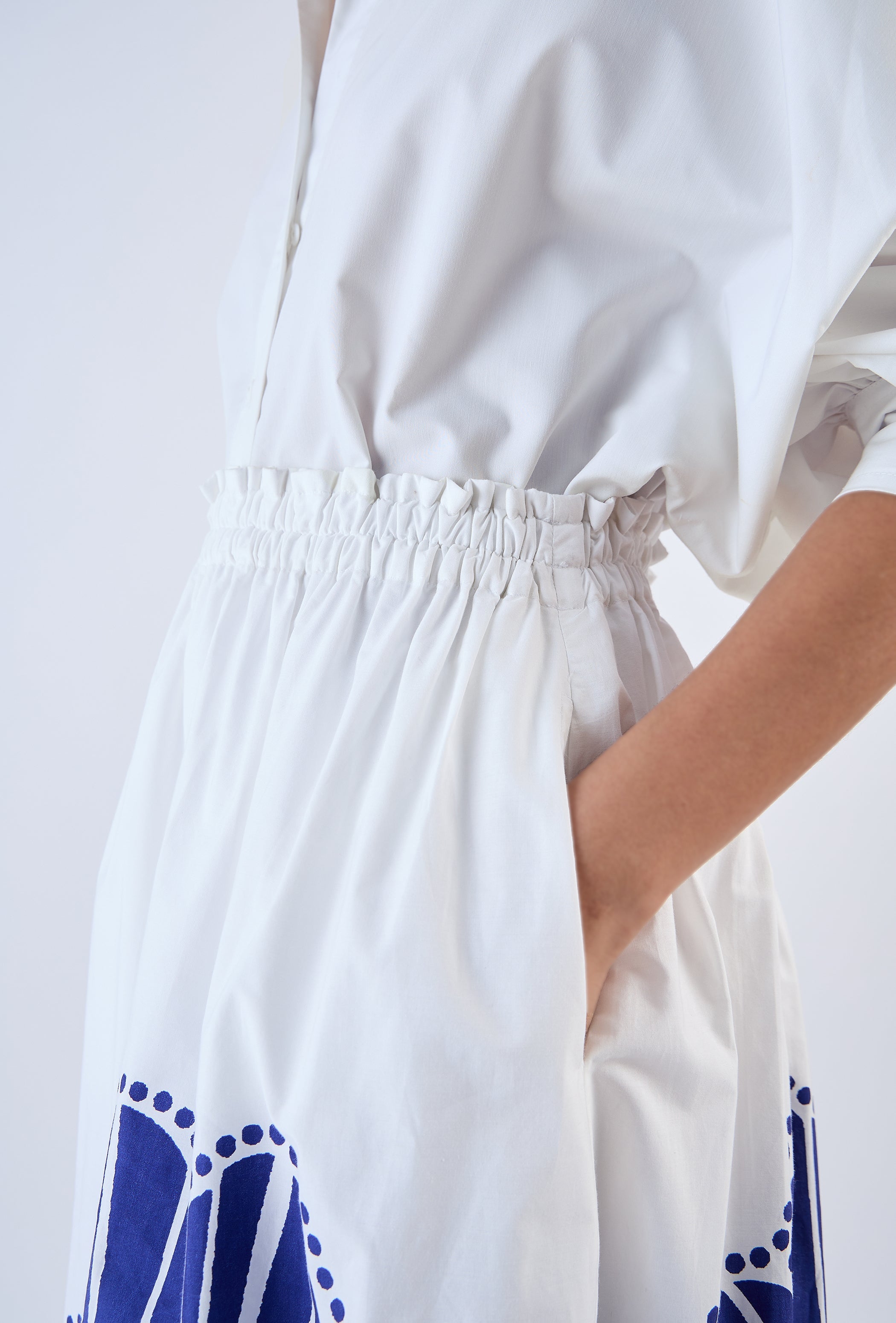 Beyond by Vera Amber skirt with Botticelli-inspired print, three-quarter view