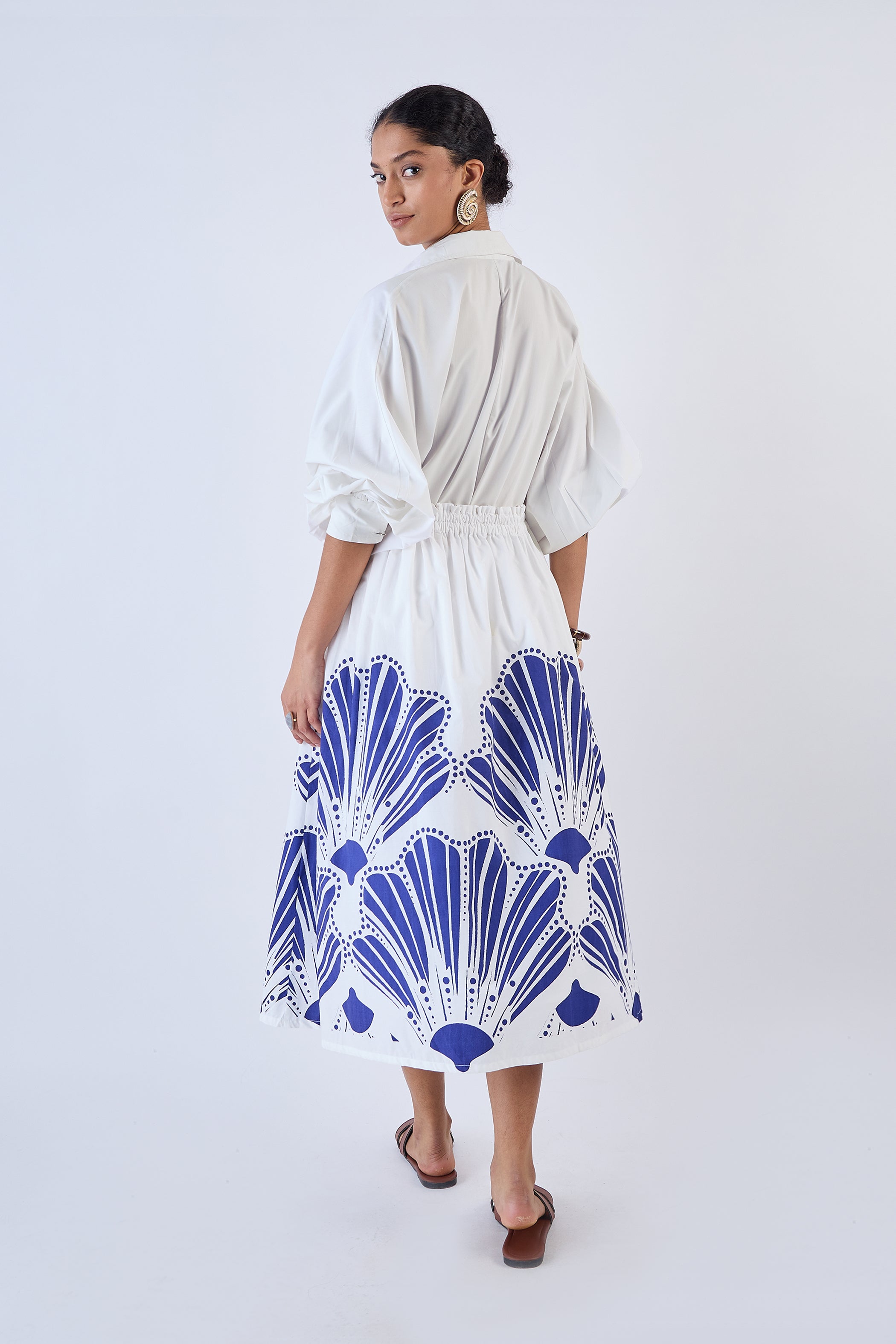 Navy printed midi skirt by Beyond by Vera, full-length side view