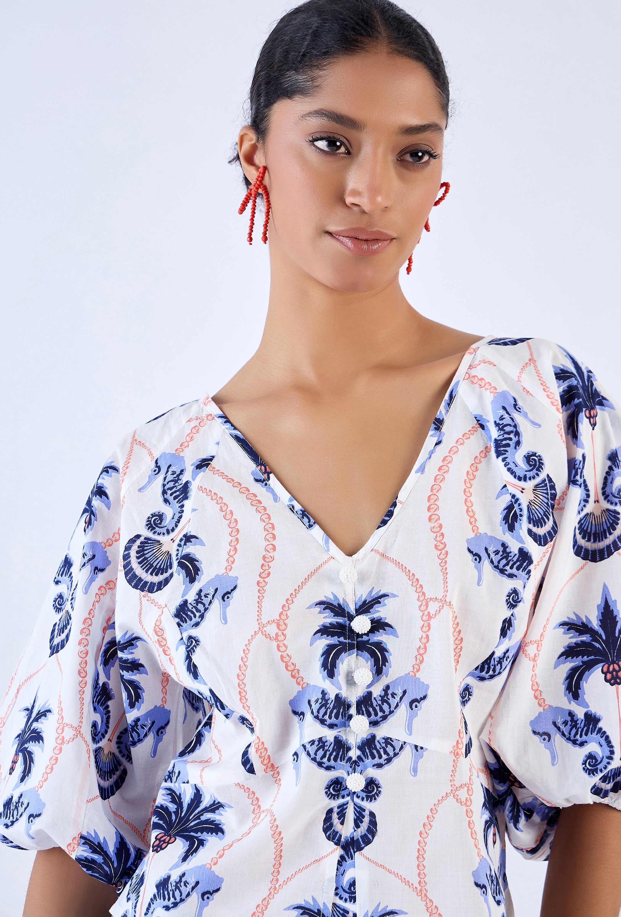 Beyond by Vera cotton poplin blouse showing hand-sewn pearl button detail