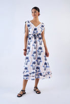 Floral cotton midi dress with drawstring ties by Beyond by Vera, front view