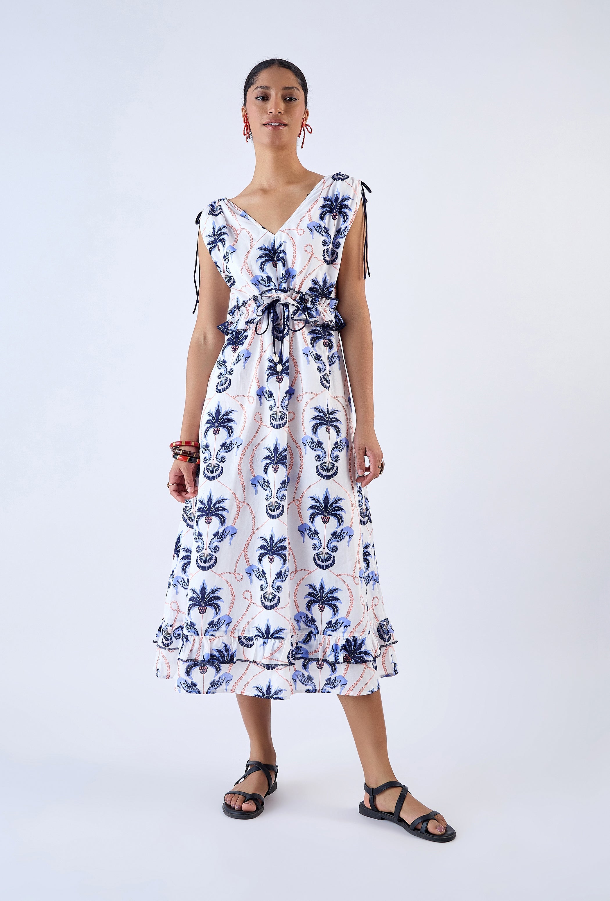Floral A-line dress with adjustable shoulder ties by Beyond by Vera, back view