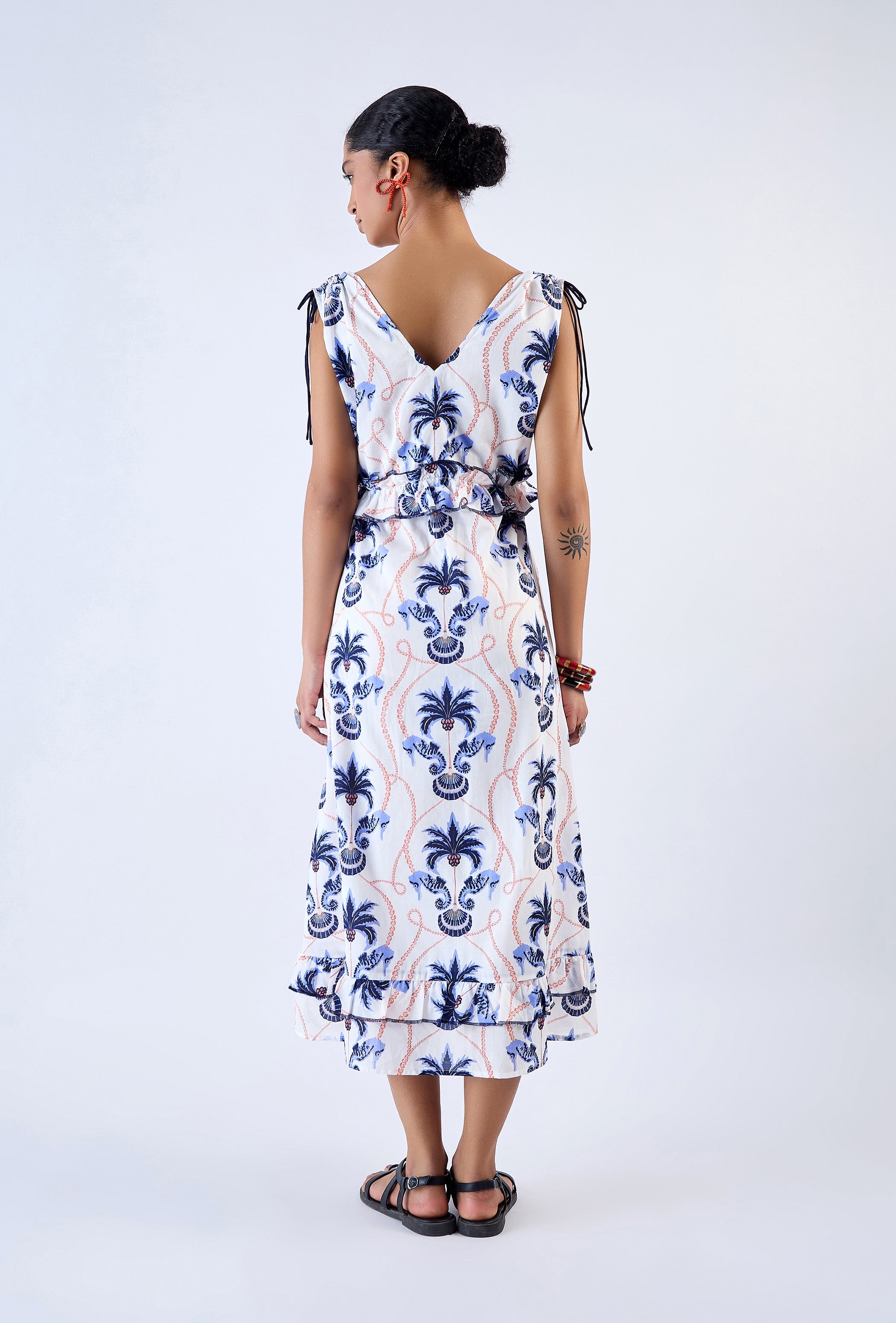 Beyond by Vera floral dress with Paradise Island print, full length view