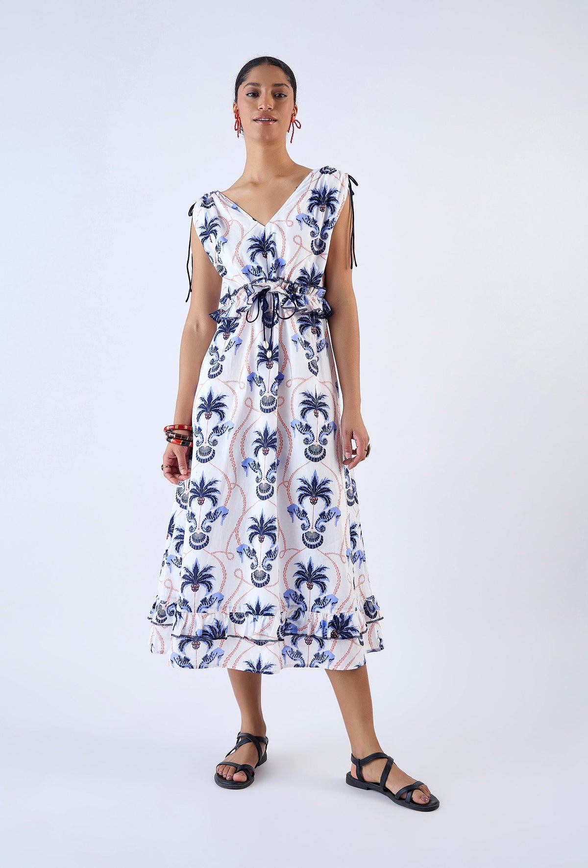 Cotton cambric A-line dress with drawstring ties by Beyond by Vera, side styled view