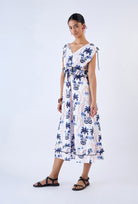 Beyond by Vera floral midi dress with V-neckline, back styled view