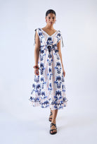 Floral cotton dress with ruffle details by Beyond by Vera, walking view