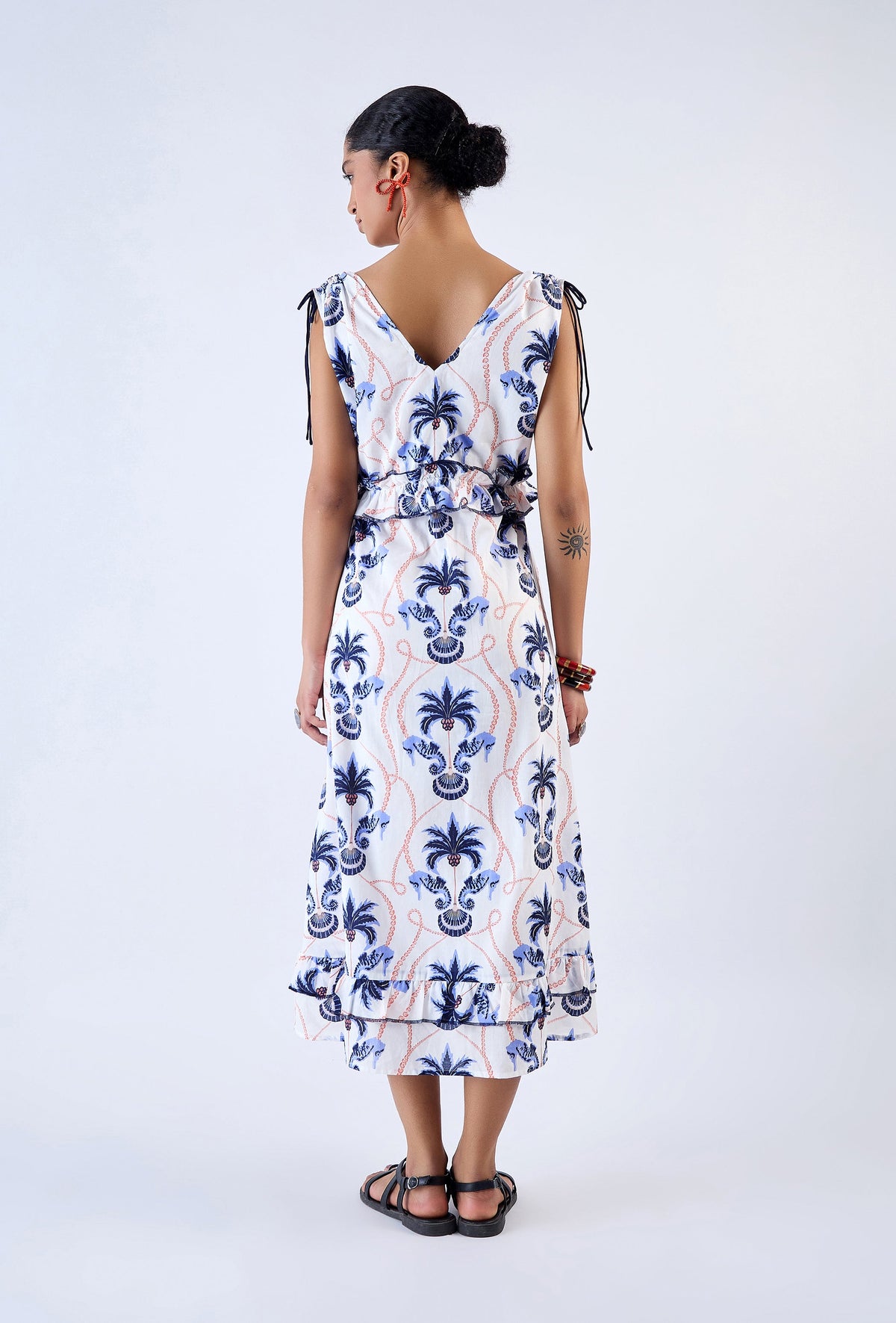 Beyond by Vera Drew dress in Paradise Island print, full styled view