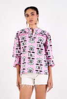 Peony floral print cotton cambric blouse with three-quarter sleeves, front view by Beyond by Vera