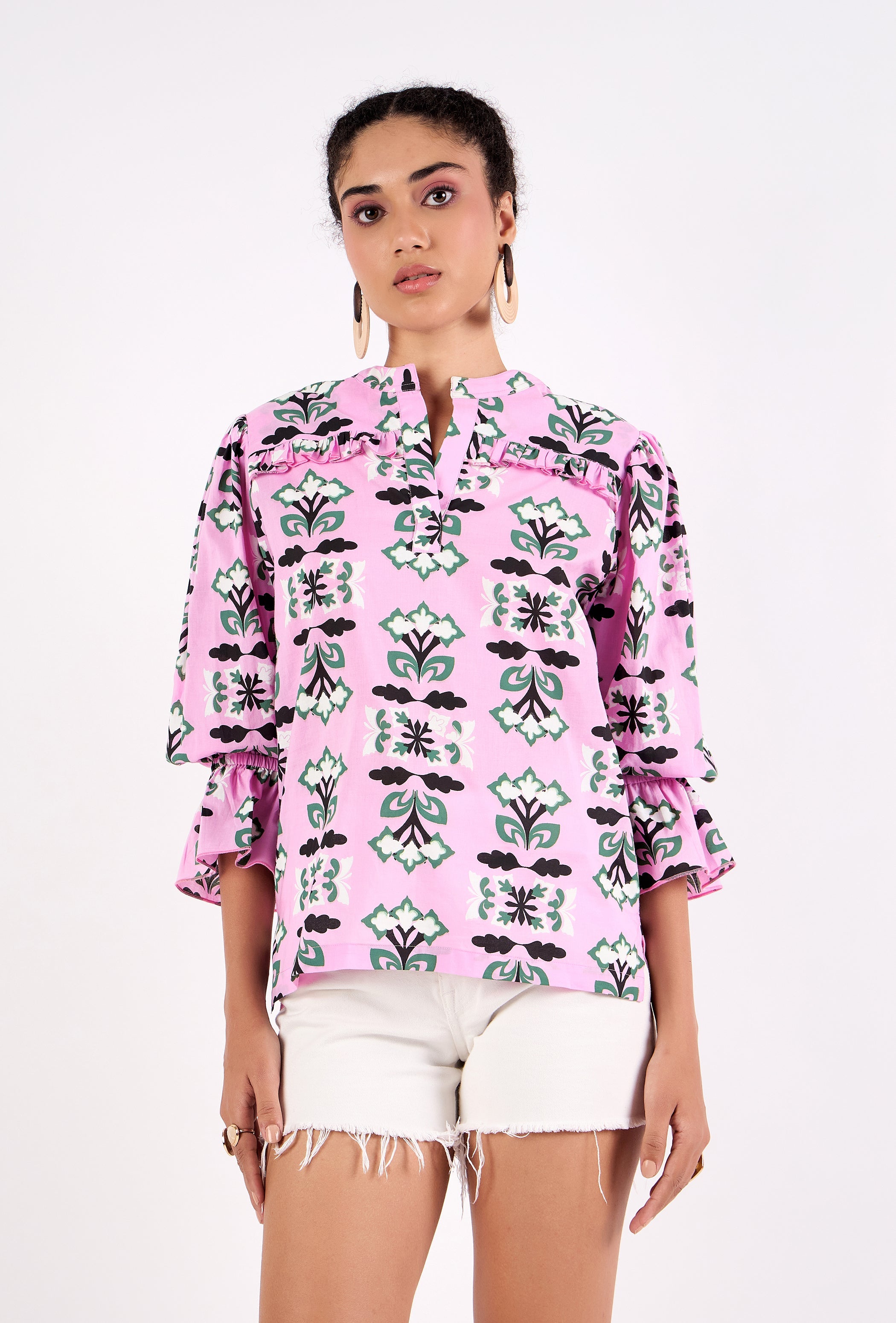 Peony floral print cotton cambric blouse with three-quarter sleeves, front view by Beyond by Vera