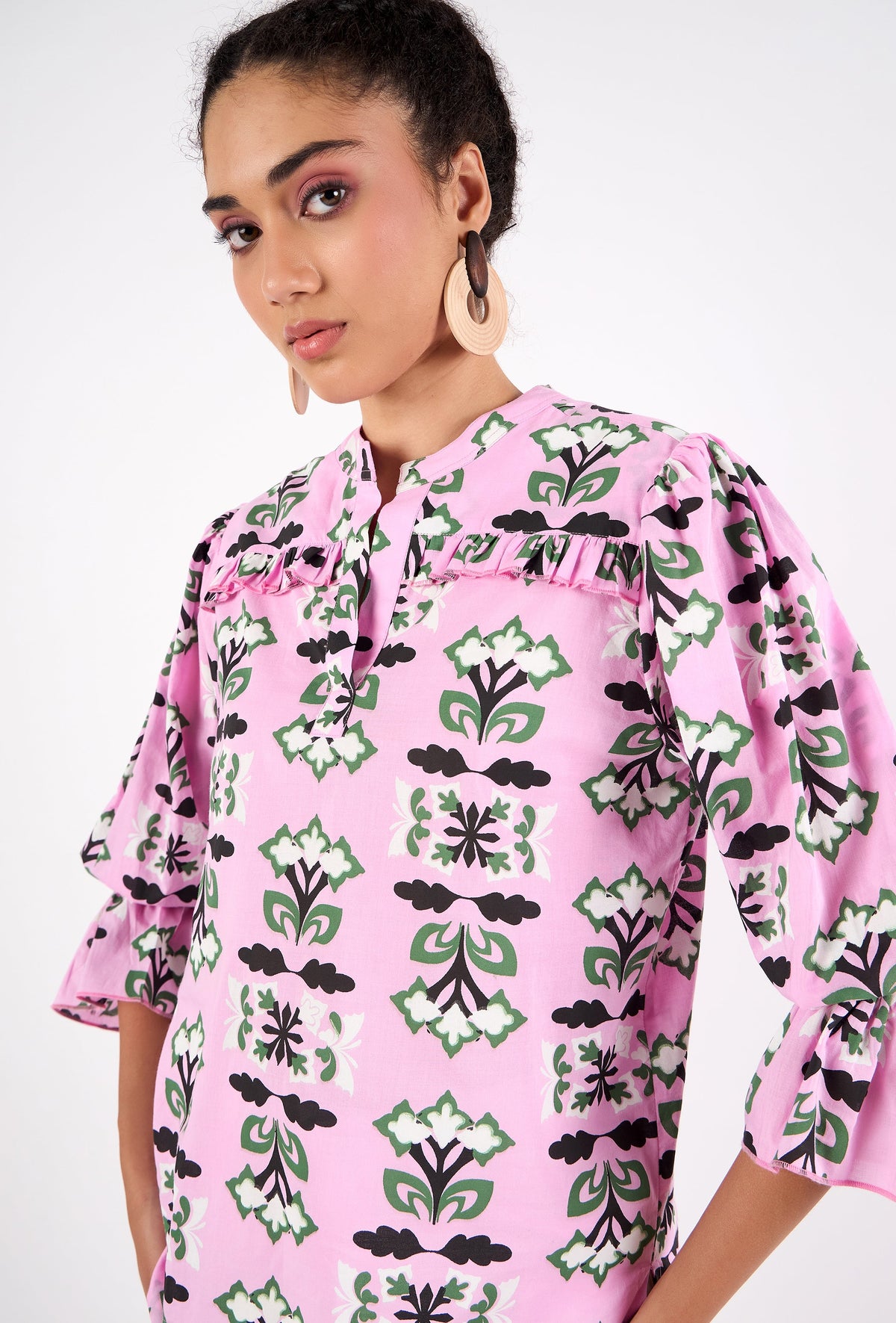 Cotton cambric crew-neck blouse with ruffle details, side view by Beyond by Vera
