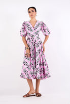 Multicolor floral midi dress with butterfly pattern by Beyond by Vera, front view