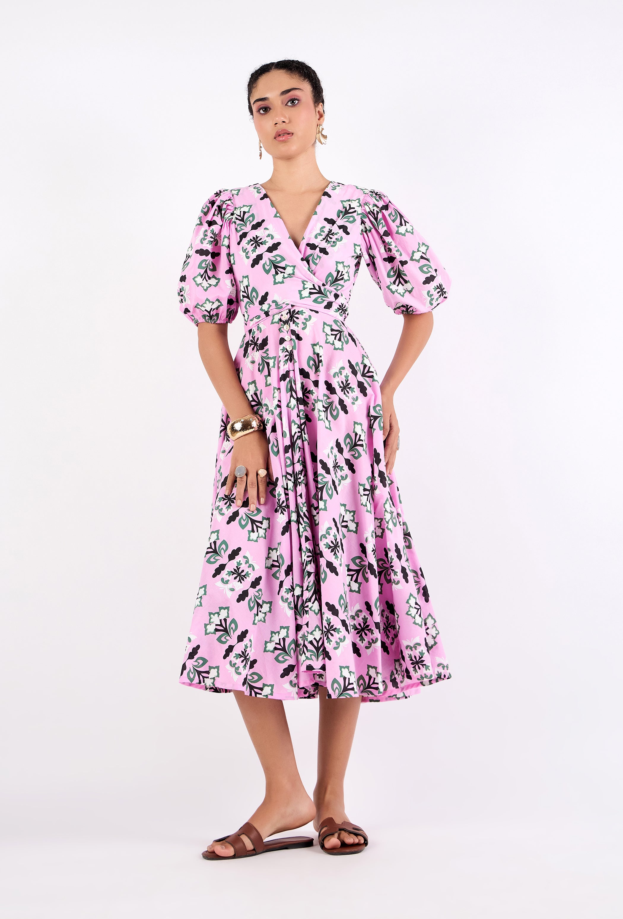 Multicolor floral midi dress with butterfly pattern by Beyond by Vera, front view