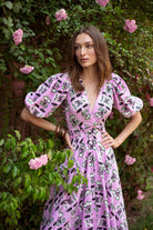 Multicolor Lola midi dress by Beyond by Vera, side view showing tie closure