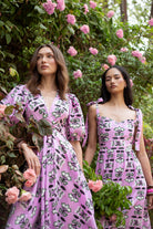 Beyond by Vera butterfly print midi dress, detail of V-neckline and tie
