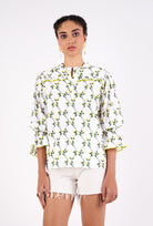 Floral cotton cambric Stella top with three-quarter sleeves by Beyond by Vera, front view