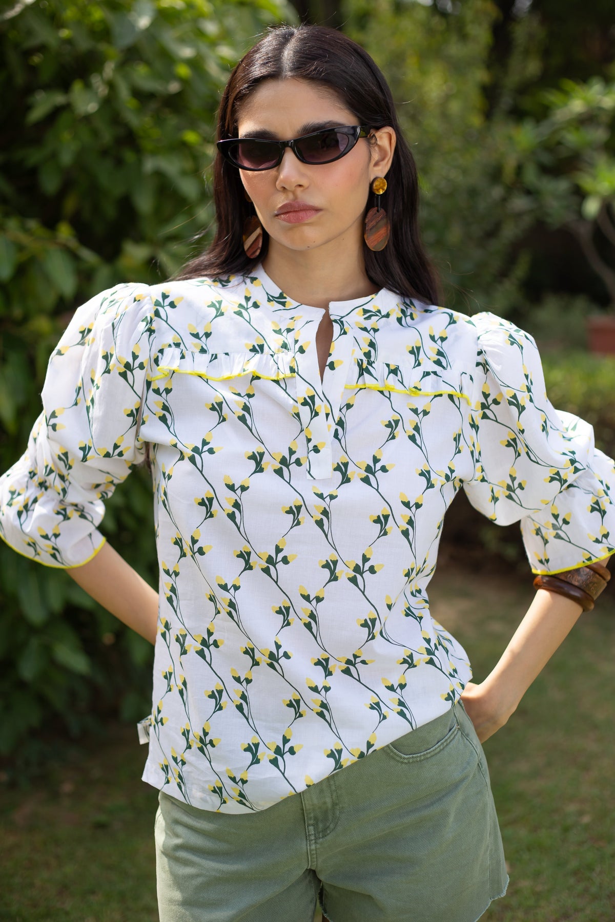 Beyond by Vera Stella top in Provence wildflower print, styled view
