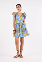 Floral print mini dress with flutter sleeves by Beyond by Vera, front view