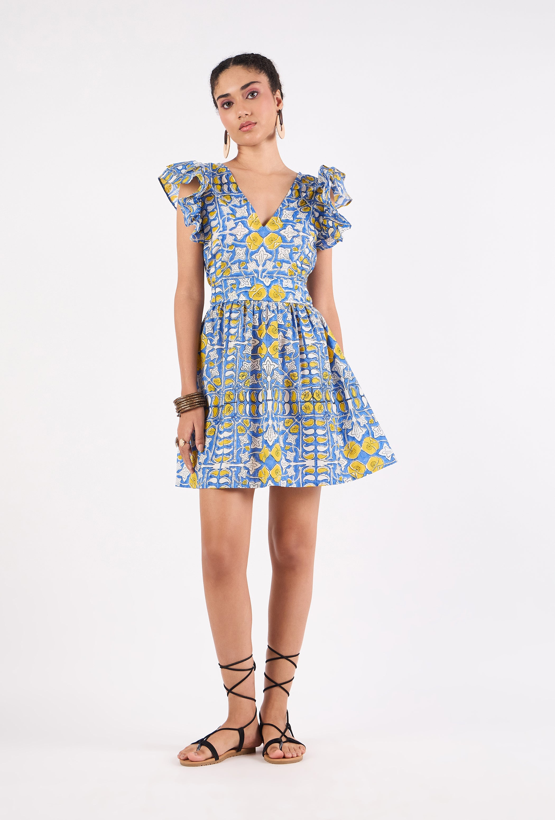 Floral print mini dress with flutter sleeves by Beyond by Vera, front view