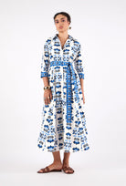 Multicolor butterfly print shirt dress with geometric pattern, front view by Beyond by Vera