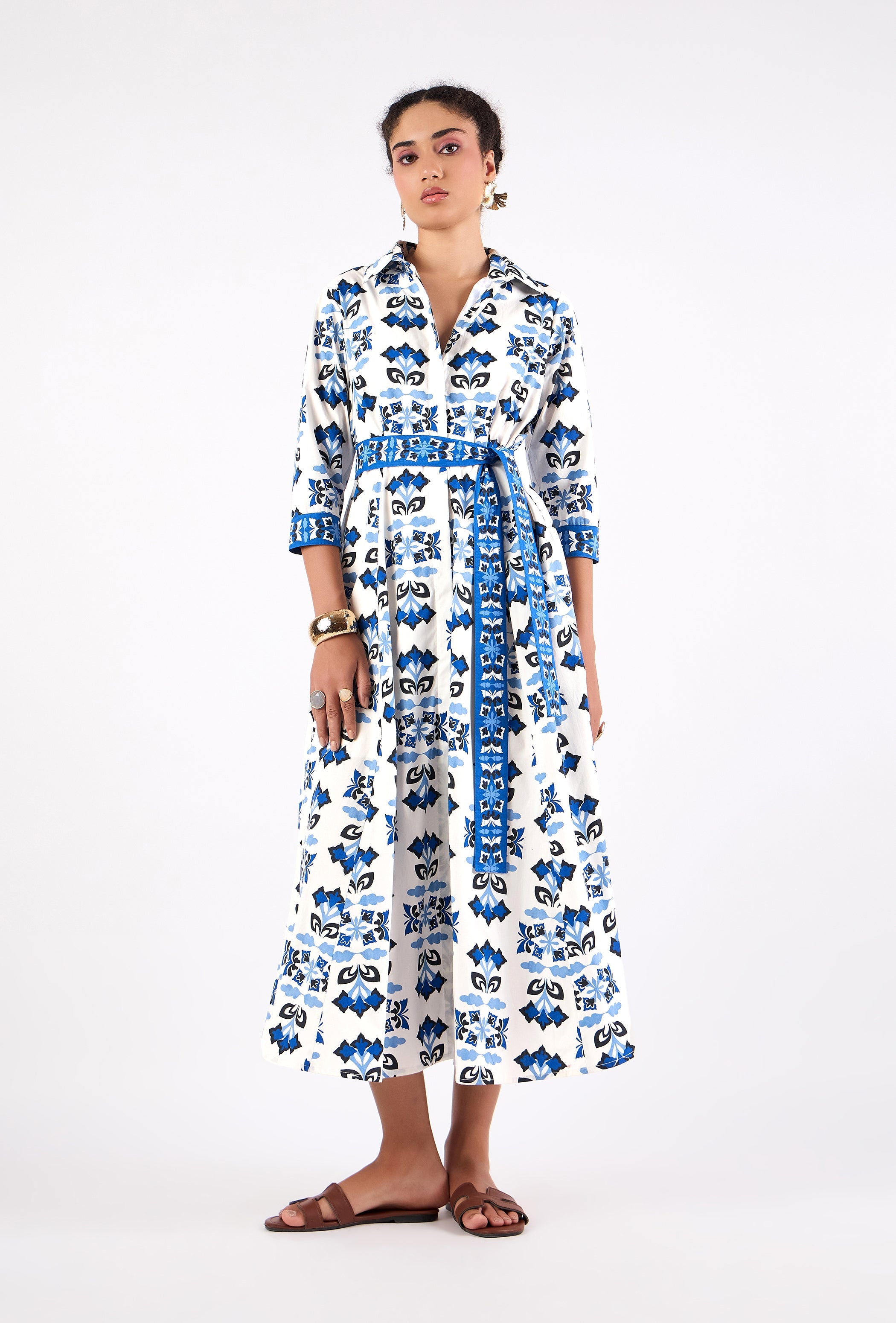 Multicolor butterfly print shirt dress with geometric pattern, front view by Beyond by Vera