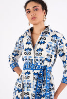 Butterfly and flower print shirt dress with three-quarter sleeves, side view by Beyond by Vera