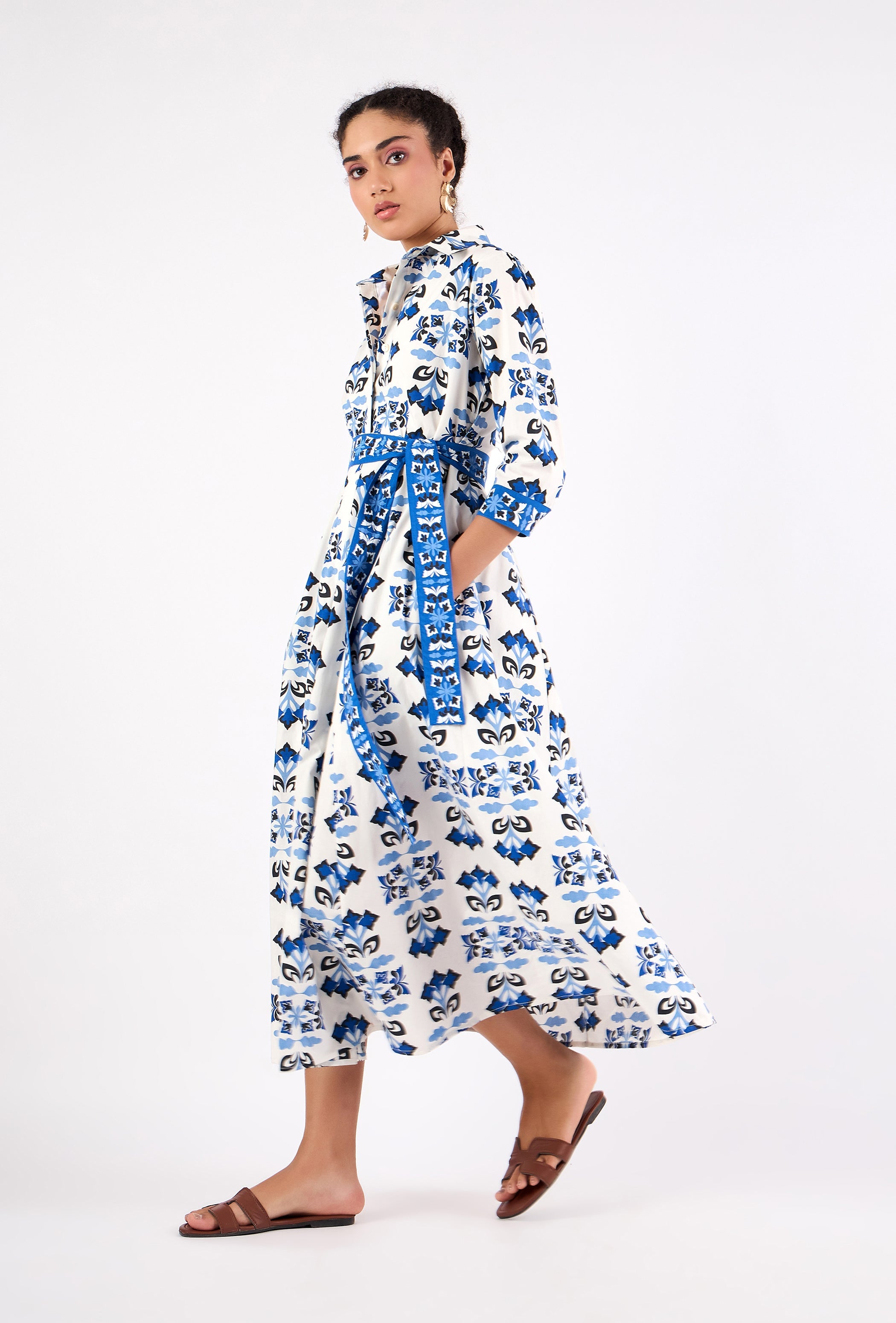 Geometric butterfly print midi dress with shirt collar, back view by Beyond by Vera