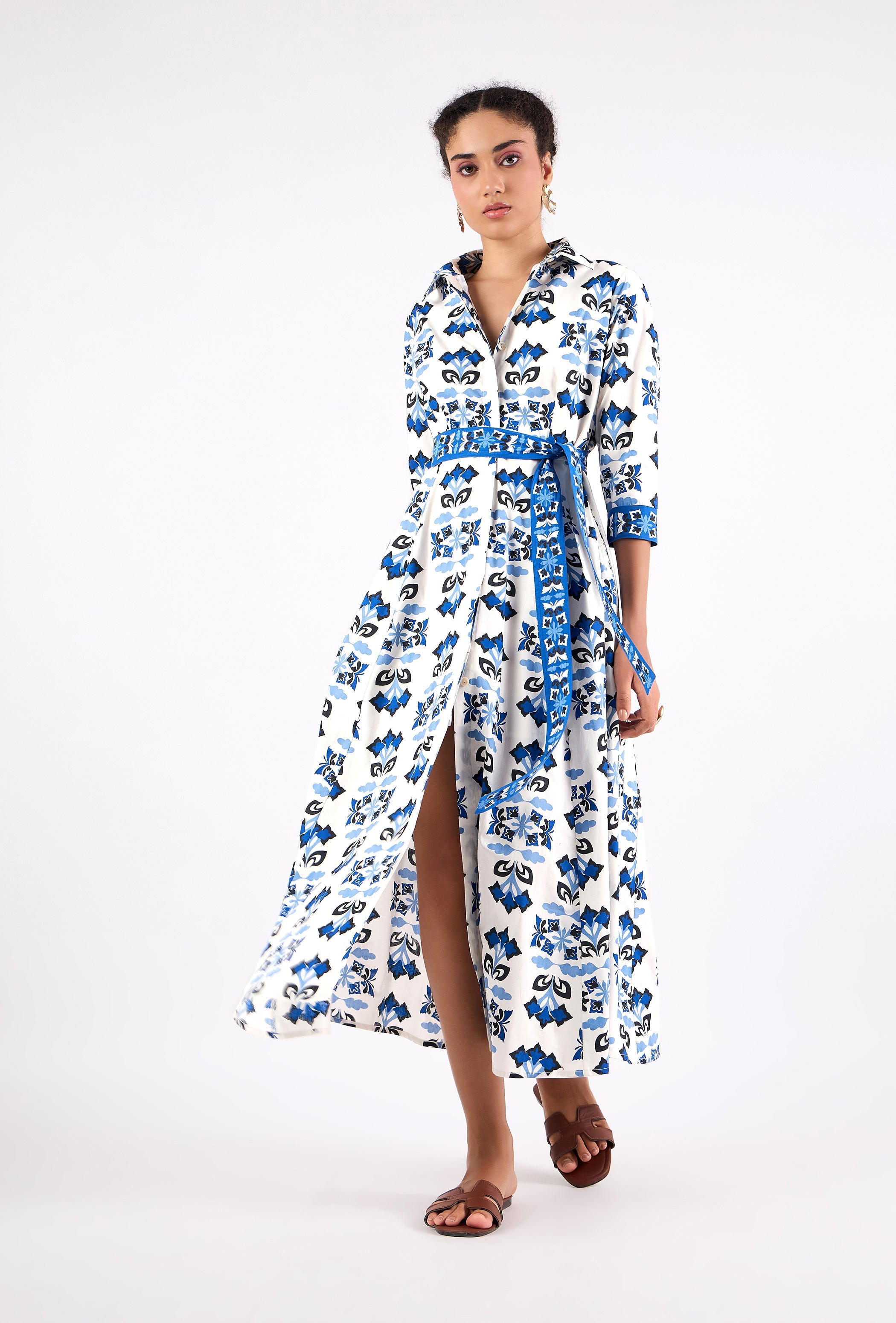 Cotton poplin shirt dress with butterfly motif pattern, detail view by Beyond by Vera