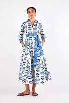 Emily midi dress with geometric flower and butterfly print, three-quarter angle by Beyond by Vera