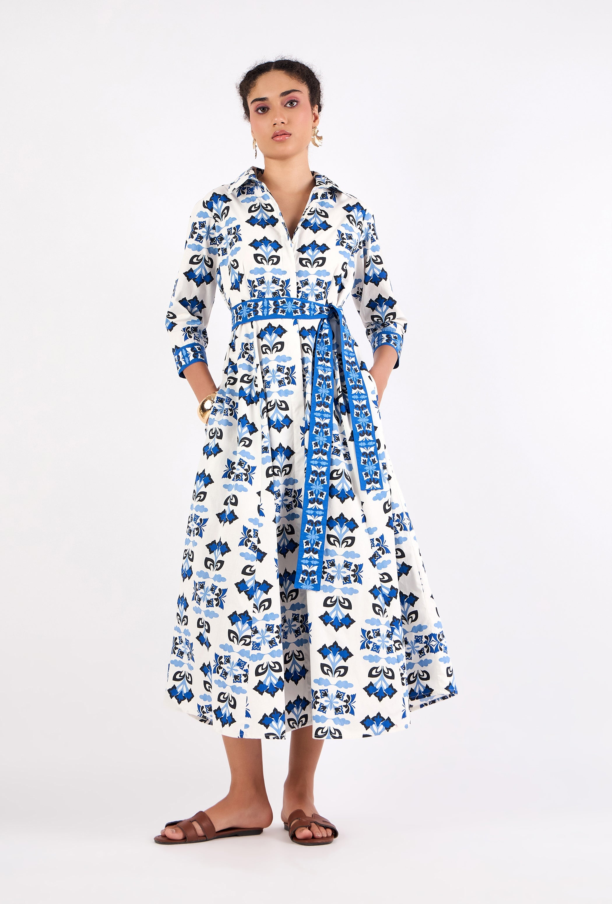 Emily midi dress with geometric flower and butterfly print, three-quarter angle by Beyond by Vera